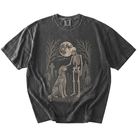 Irish Setter sharing a quiet cemetery moment with a friendly skeleton on a Pepper Comfort Colors® T-shirt