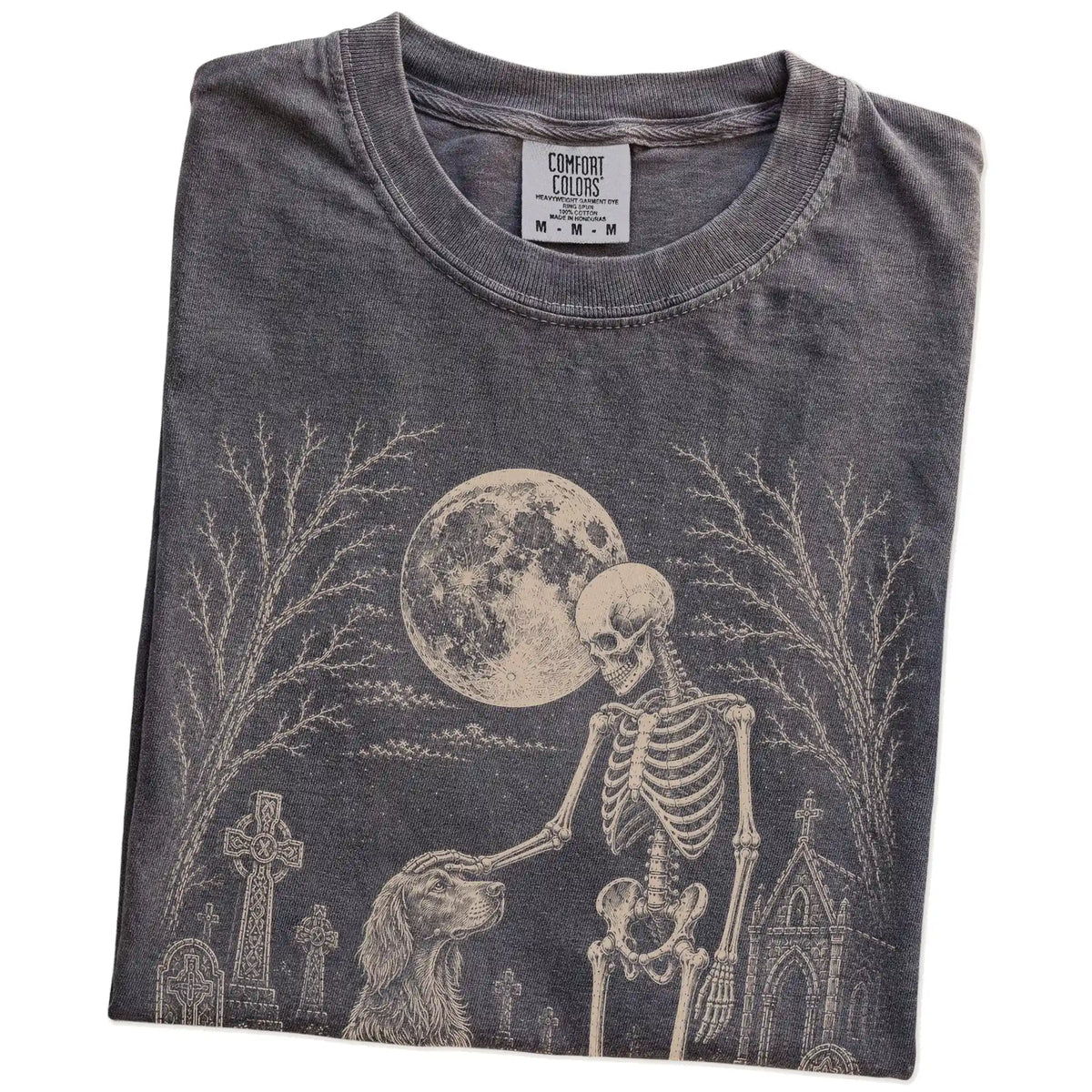 Folded Pepper Comfort Colors® T-shirt showing Irish Setter sharing a quiet cemetery moment with a friendly skeleton