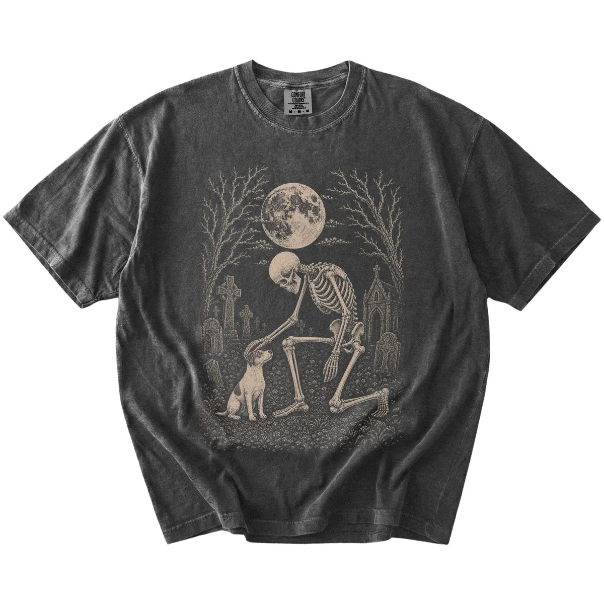 Jack Russell sharing a quiet cemetery moment with a friendly skeleton on a Pepper Comfort Colors® T-shirt