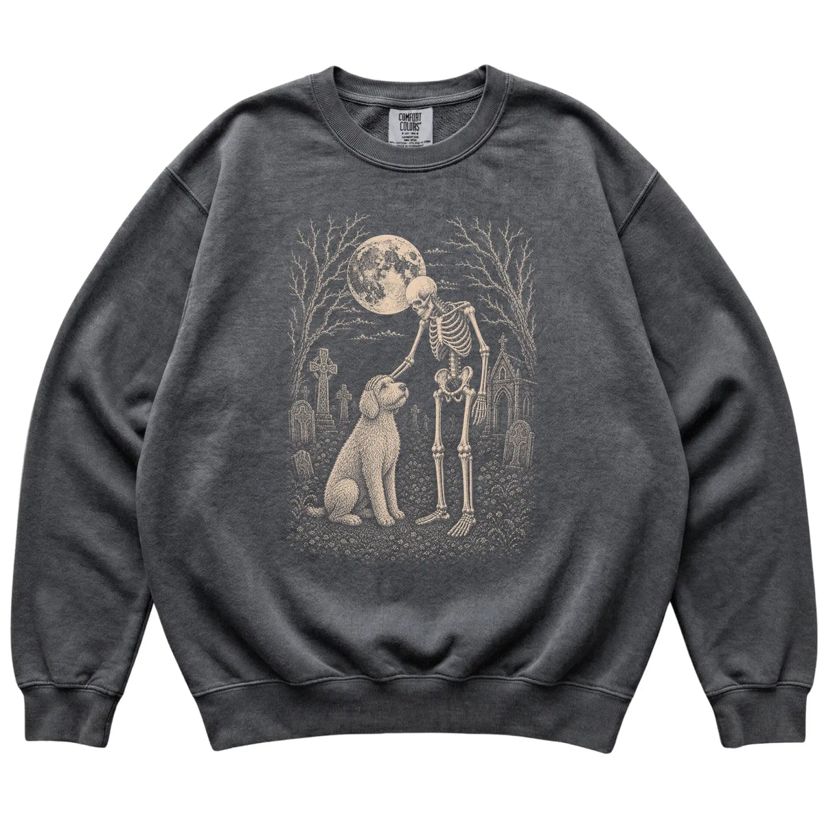 Skeleton petting a Labradoodle in a graveyard on a Pepper sweatshirt