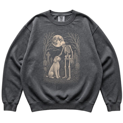 Skeleton petting a Labradoodle in a graveyard on a Pepper sweatshirt