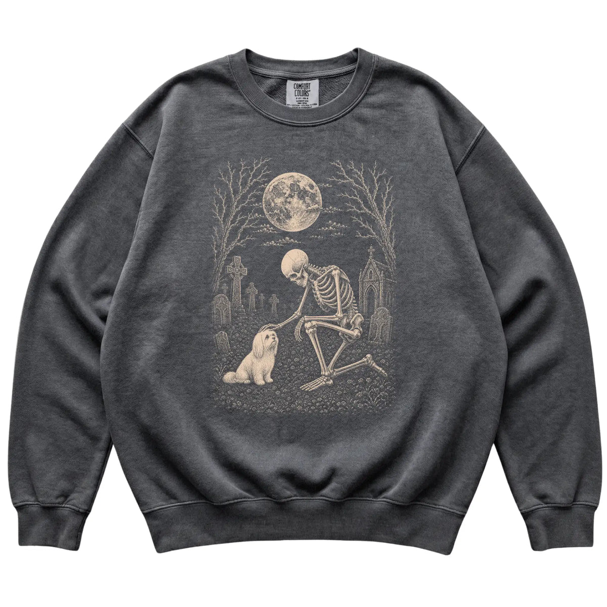 Skeleton petting a Maltese in a graveyard on a Pepper sweatshirt
