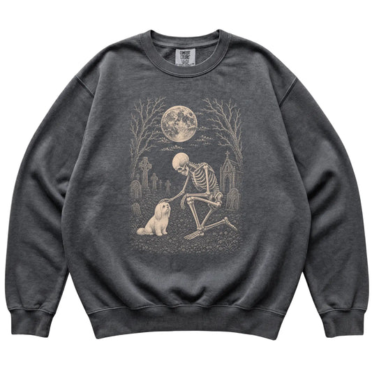 Skeleton petting a Maltese in a graveyard on a Pepper sweatshirt