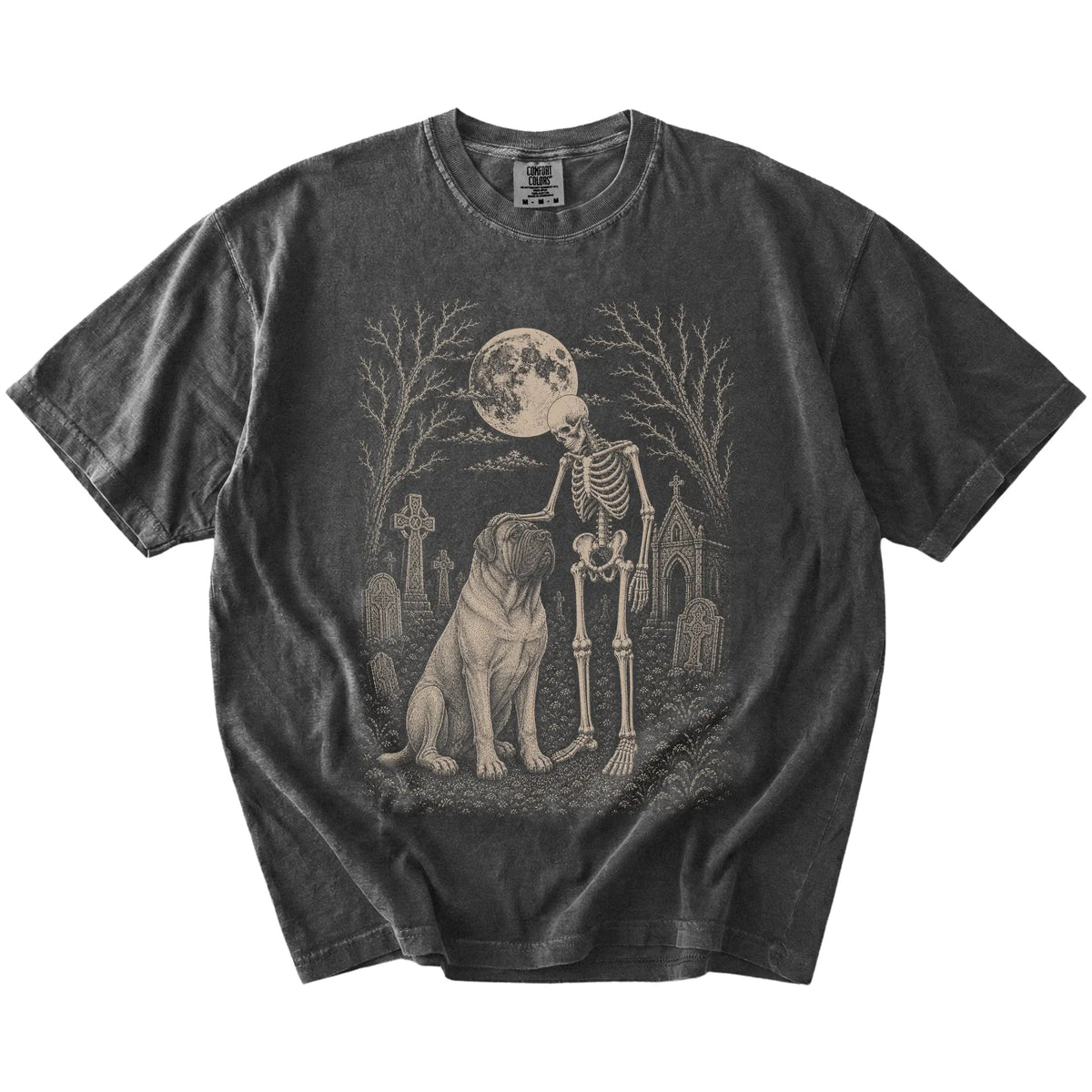 Mastiff sharing a quiet cemetery moment with a friendly skeleton on a Pepper Comfort Colors® T-shirt