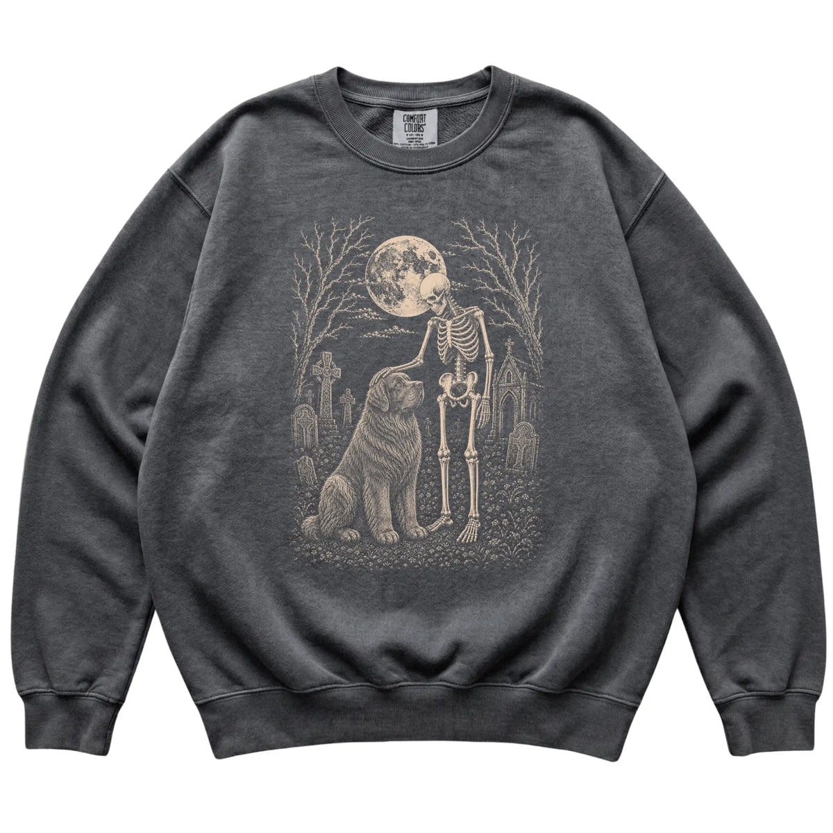 Skeleton petting a Newfie in a graveyard on a Pepper sweatshirt