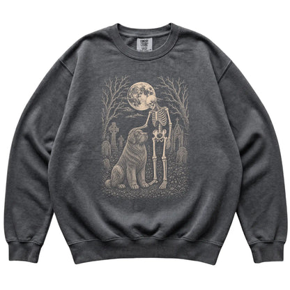 Skeleton petting a Newfie in a graveyard on a Pepper sweatshirt