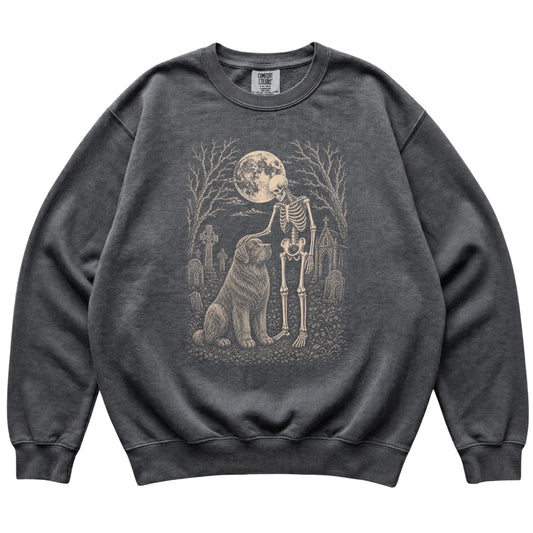 Skeleton petting a Newfie in a graveyard on a Pepper sweatshirt