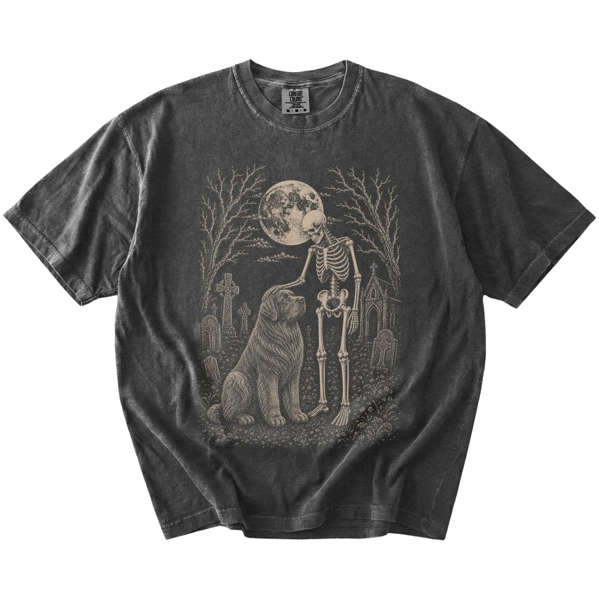 Newfie sharing a quiet cemetery moment with a friendly skeleton on a Pepper Comfort Colors® T-shirt