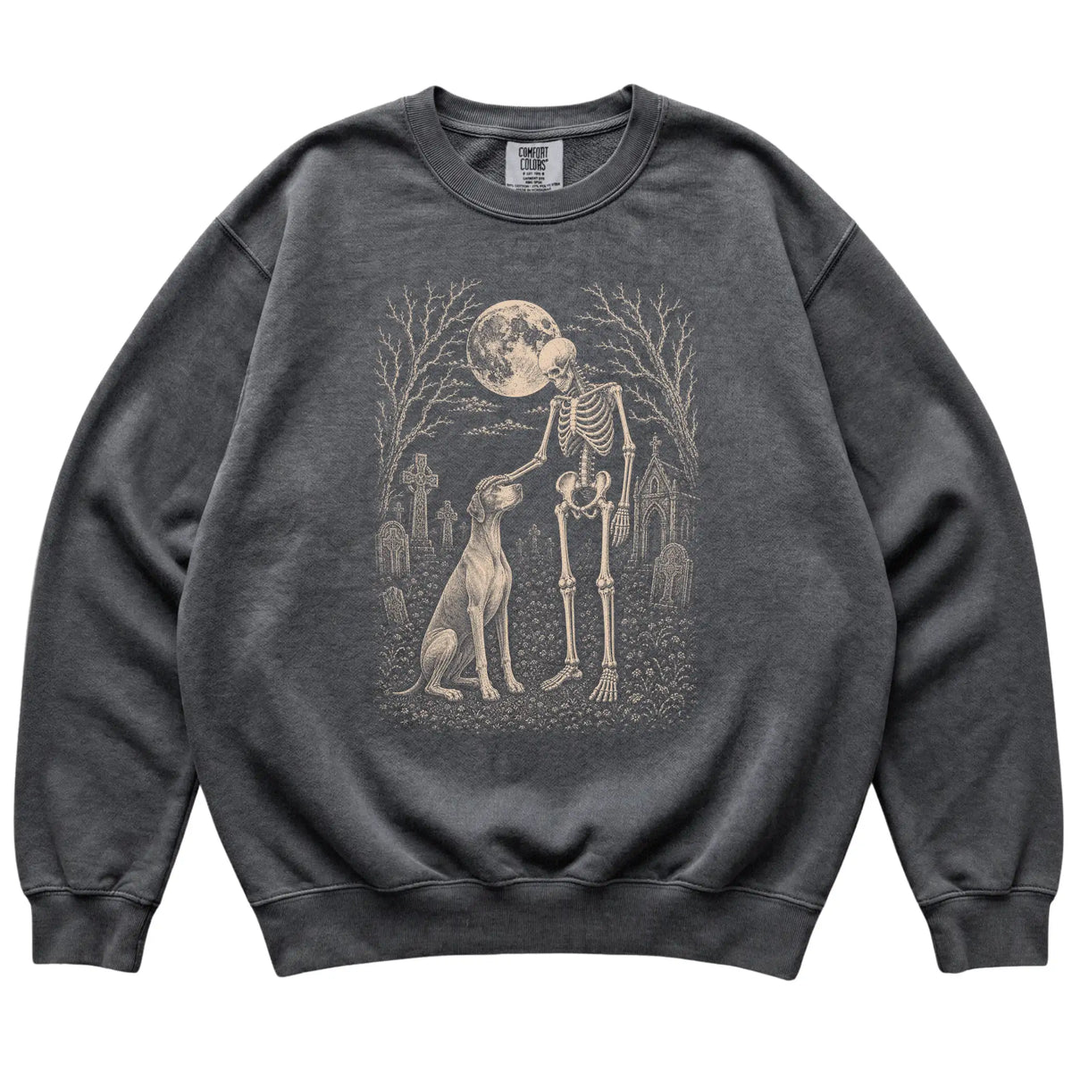 Skeleton petting a Pointer in a graveyard on a Pepper sweatshirt