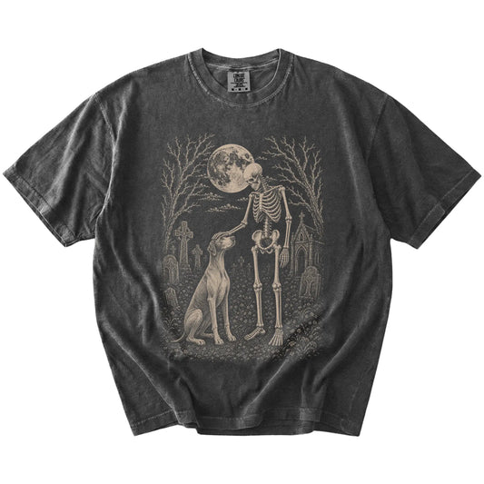 Pointer sharing a quiet cemetery moment with a friendly skeleton on a Pepper Comfort Colors® T-shirt