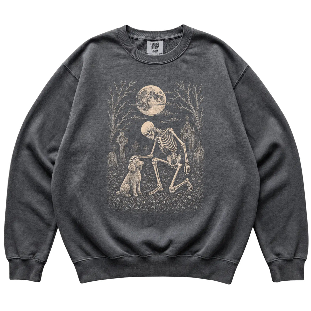 Skeleton petting a Poodle in a graveyard on a Pepper sweatshirt