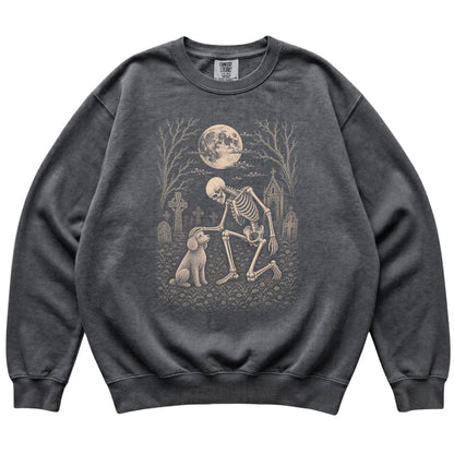 Skeleton petting a Poodle in a graveyard on a Pepper sweatshirt