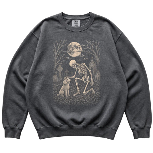 Skeleton petting a Poodle in a graveyard on a Pepper sweatshirt