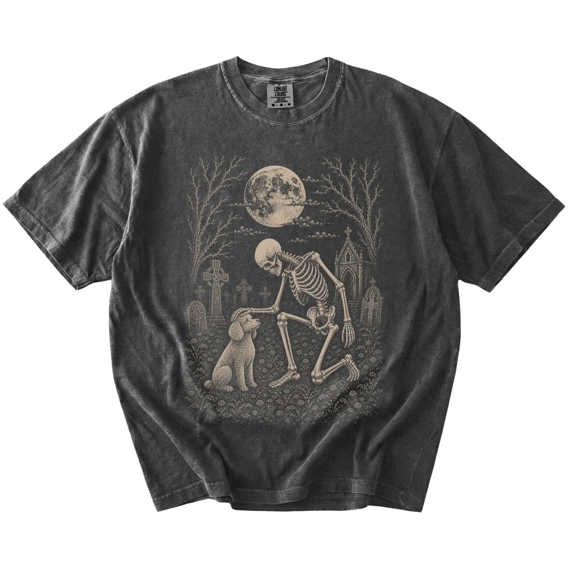 Poodle sharing a quiet cemetery moment with a friendly skeleton on a Pepper Comfort Colors® T-shirt