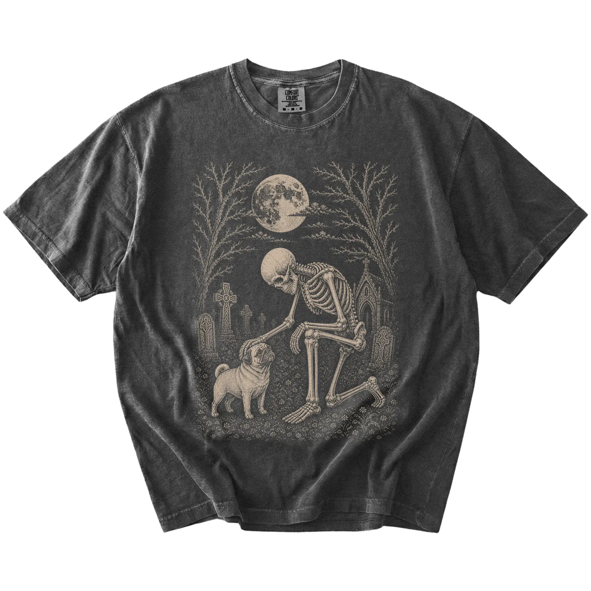 Pug sharing a quiet cemetery moment with a friendly skeleton on a Pepper Comfort Colors® T-shirt