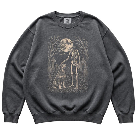 Skeleton petting a Rottweiler in a graveyard on a Pepper sweatshirt