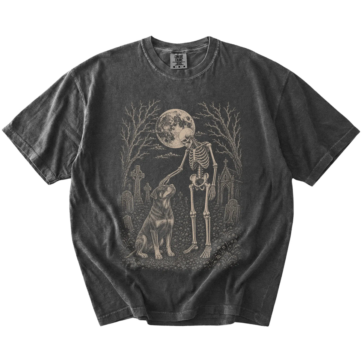Rottweiler sharing a quiet cemetery moment with a friendly skeleton on a Pepper Comfort Colors® T-shirt