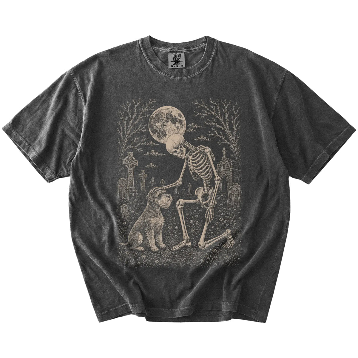 Schnauzer sharing a quiet cemetery moment with a friendly skeleton on a Pepper Comfort Colors® T-shirt