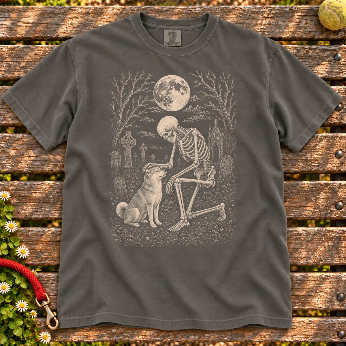 Shiba Inu sharing a quiet cemetery moment with a friendly skeleton on a Pepper Comfort Colors® T-shirt