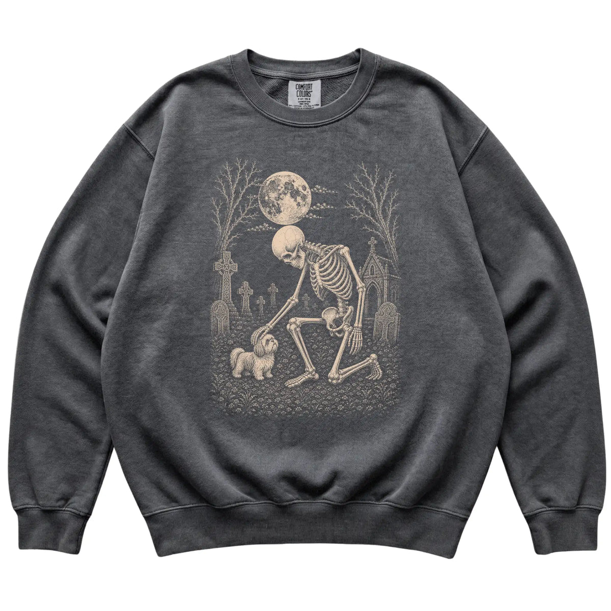 Skeleton petting a Shih Tzu in a graveyard on a Pepper sweatshirt