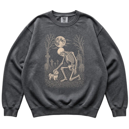 Skeleton petting a Shih Tzu in a graveyard on a Pepper sweatshirt