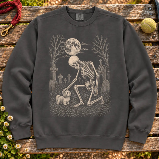 Shih Tzu Skeleton Petting on a Pepper crewneck sweatshirt, shown flat