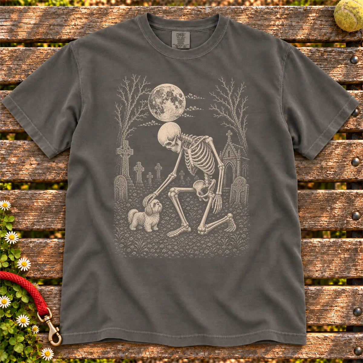 Shih Tzu sharing a quiet cemetery moment with a friendly skeleton on a Pepper Comfort Colors® T-shirt