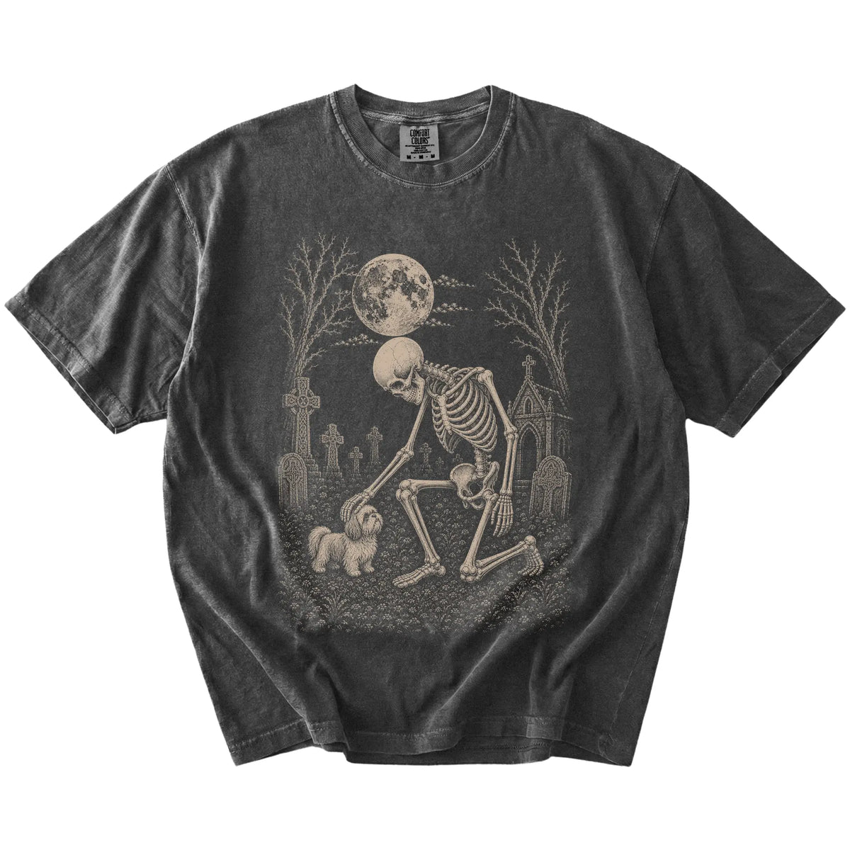 Shih Tzu sharing a quiet cemetery moment with a friendly skeleton on a Pepper Comfort Colors® T-shirt