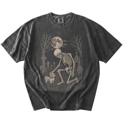 Shih Tzu sharing a quiet cemetery moment with a friendly skeleton on a Pepper Comfort Colors® T-shirt