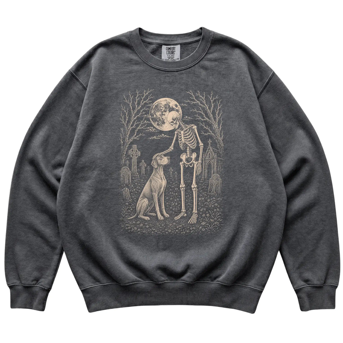 Skeleton petting a Vizsla in a graveyard on a Pepper sweatshirt