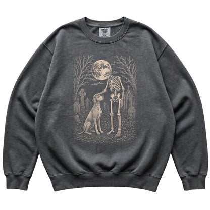 Skeleton petting a Vizsla in a graveyard on a Pepper sweatshirt