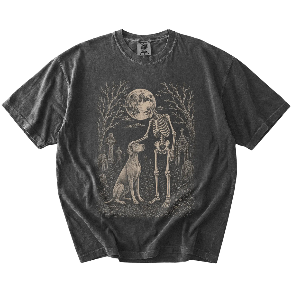 Vizsla sharing a quiet cemetery moment with a friendly skeleton on a Pepper Comfort Colors® T-shirt