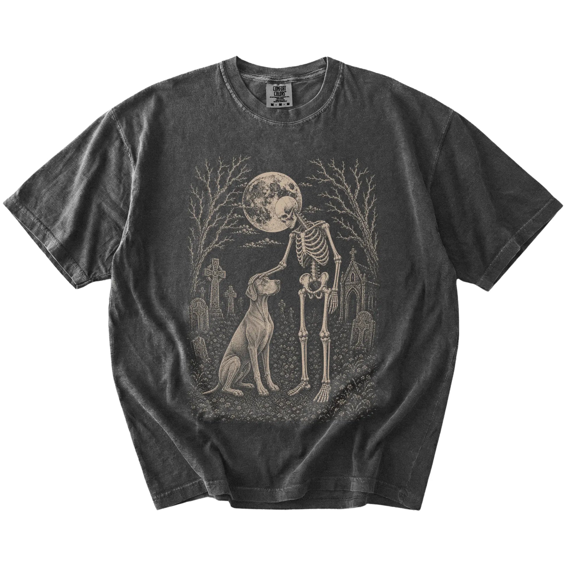 Vizsla sharing a quiet cemetery moment with a friendly skeleton on a Pepper Comfort Colors® T-shirt