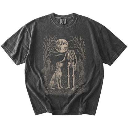 Vizsla sharing a quiet cemetery moment with a friendly skeleton on a Pepper Comfort Colors® T-shirt