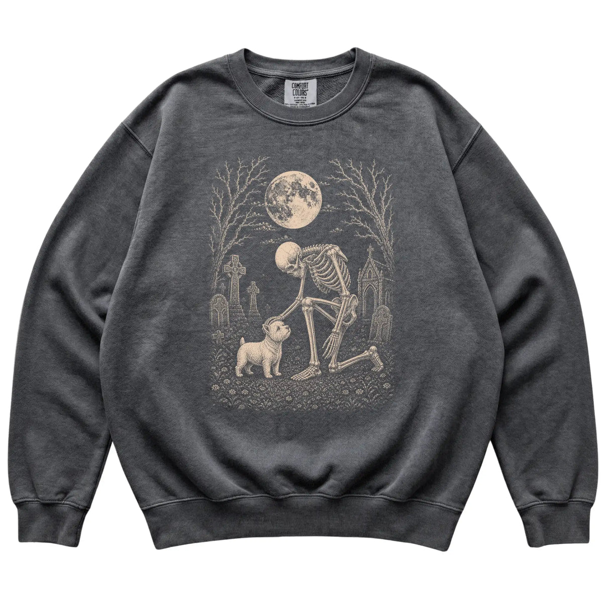 Skeleton petting a Westie in a graveyard on a Pepper sweatshirt