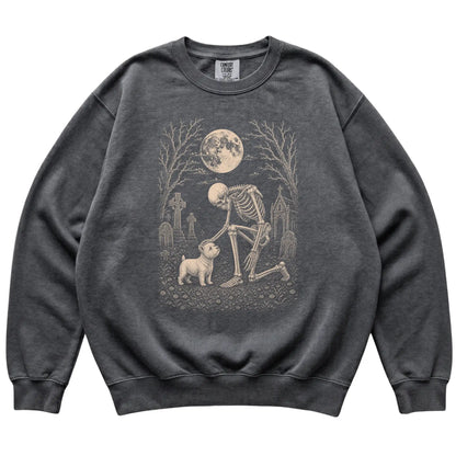 Skeleton petting a Westie in a graveyard on a Pepper sweatshirt