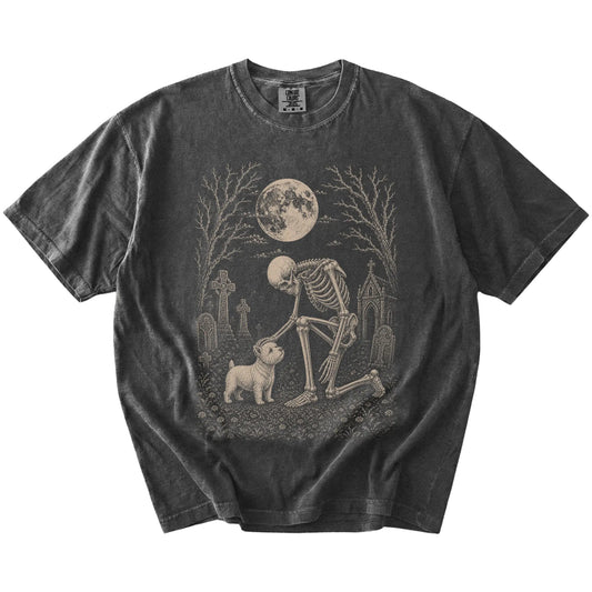 Westie sharing a quiet cemetery moment with a friendly skeleton on a Pepper Comfort Colors® T-shirt