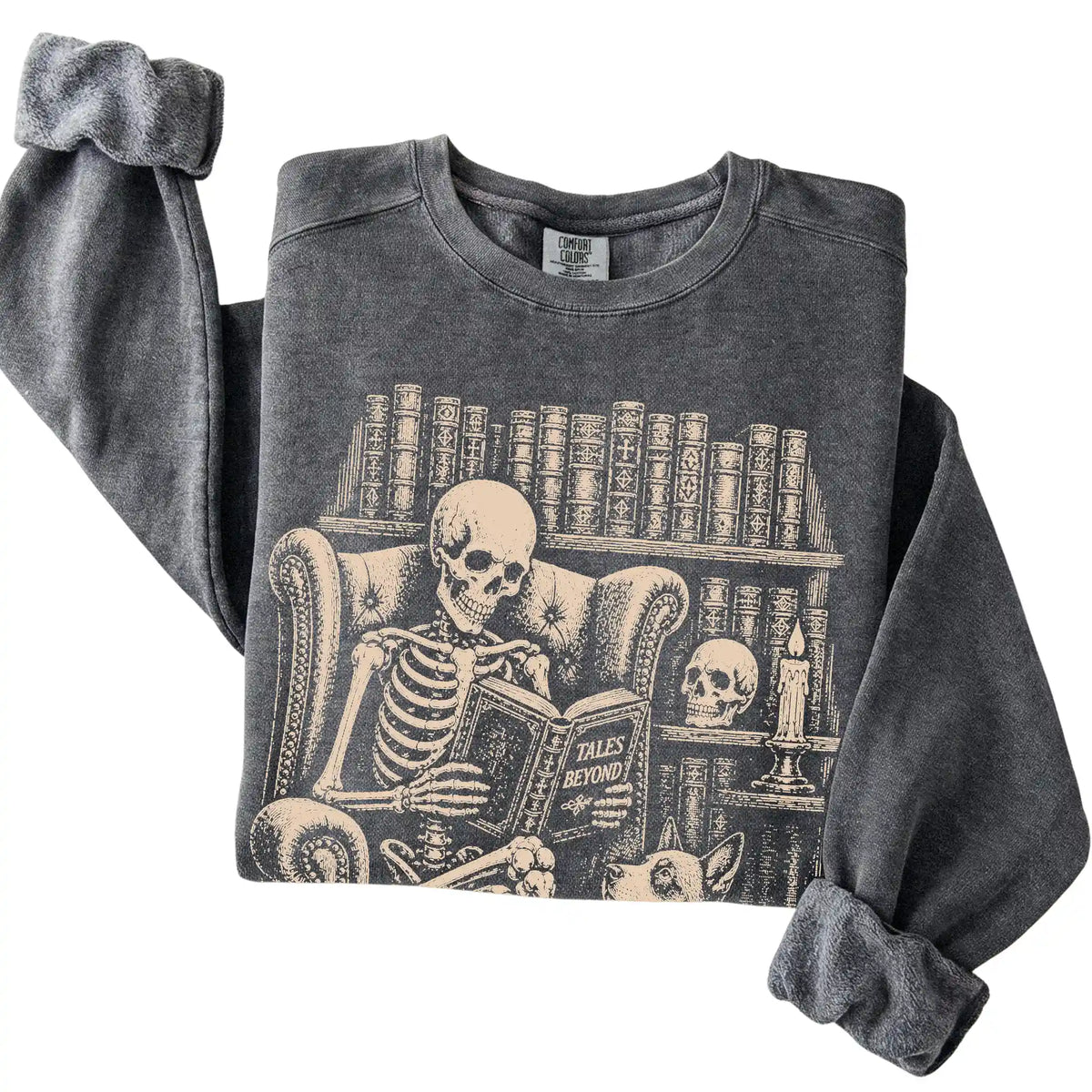 Folded Pepper sweatshirt with a skeleton reading Tales Beyond to a Blue Heeler