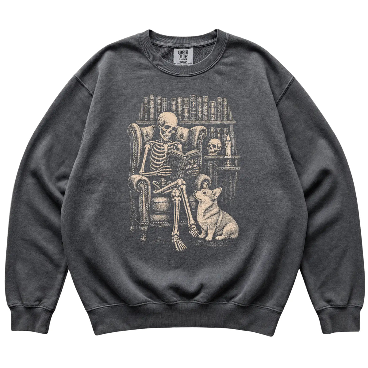 Skeleton reading Tales Beyond to a Corgi on a Pepper sweatshirt