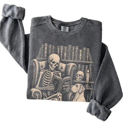Folded Pepper sweatshirt with a skeleton reading Tales Beyond to a Great Dane