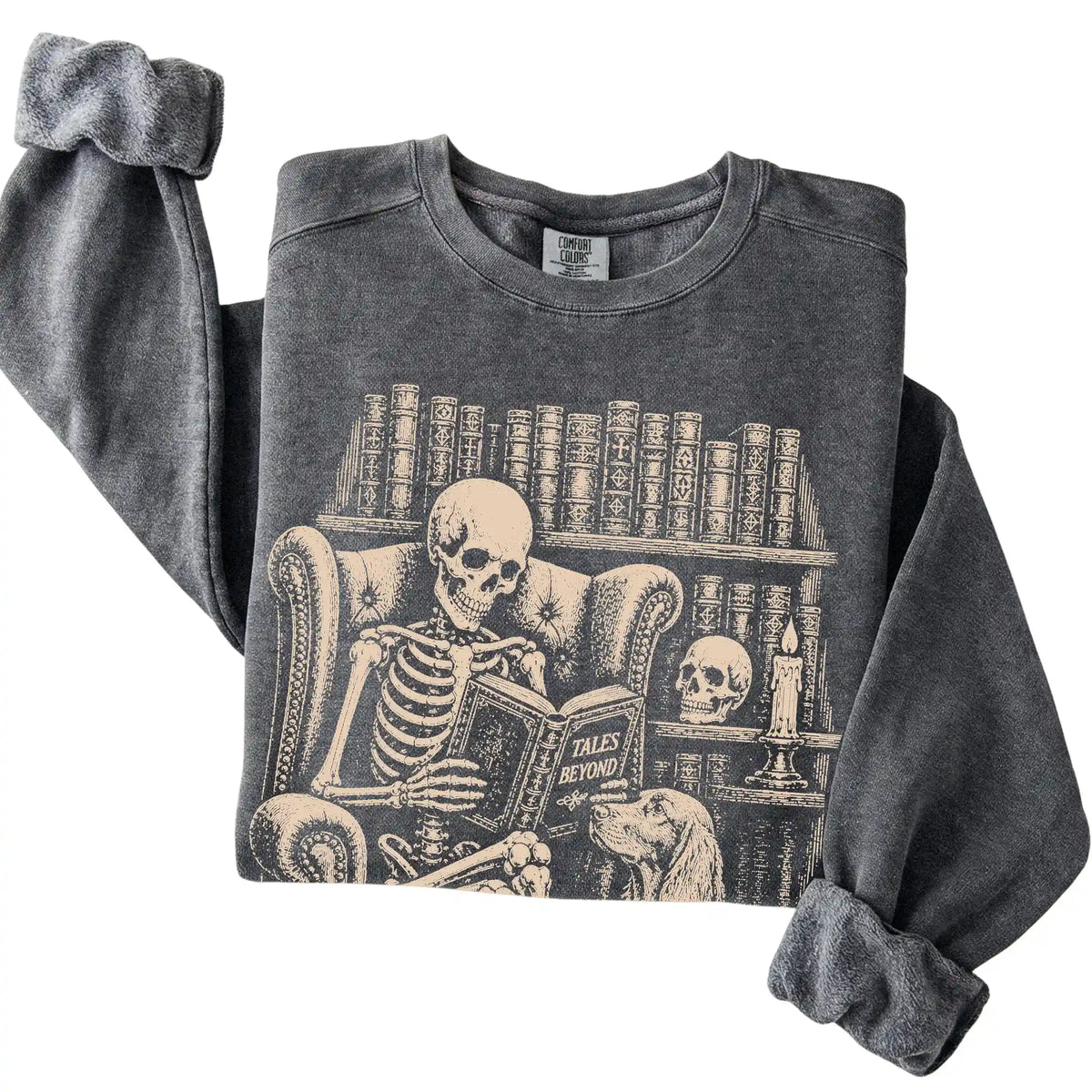 Folded Pepper sweatshirt with a skeleton reading Tales Beyond to an Irish Setter