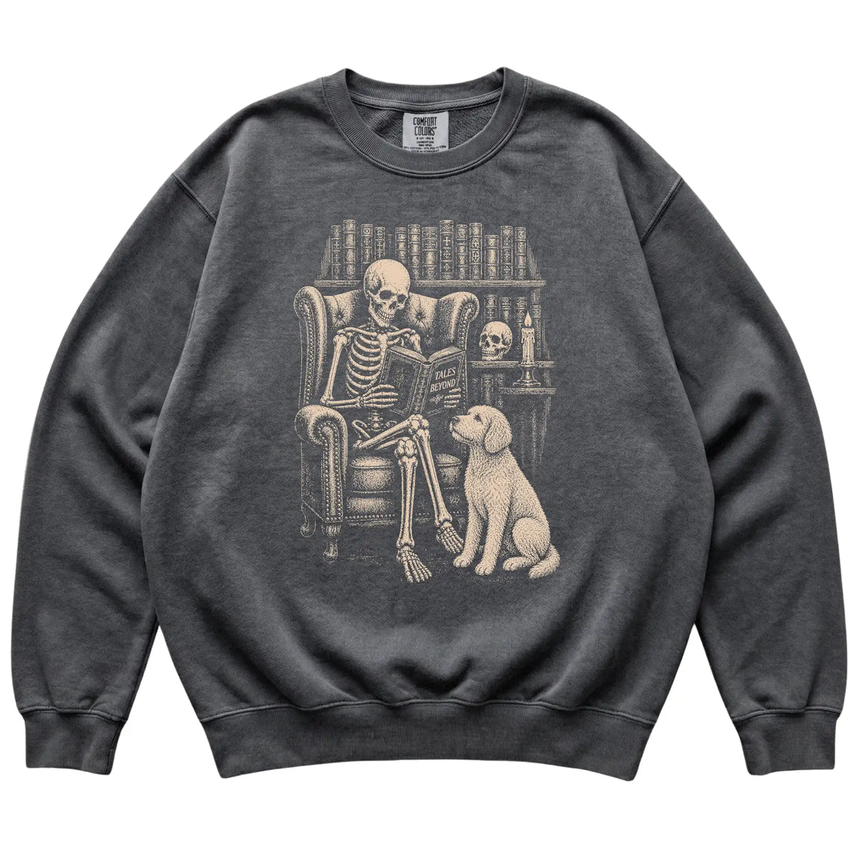 Skeleton reading Tales Beyond to a Labradoodle on a Pepper sweatshirt
