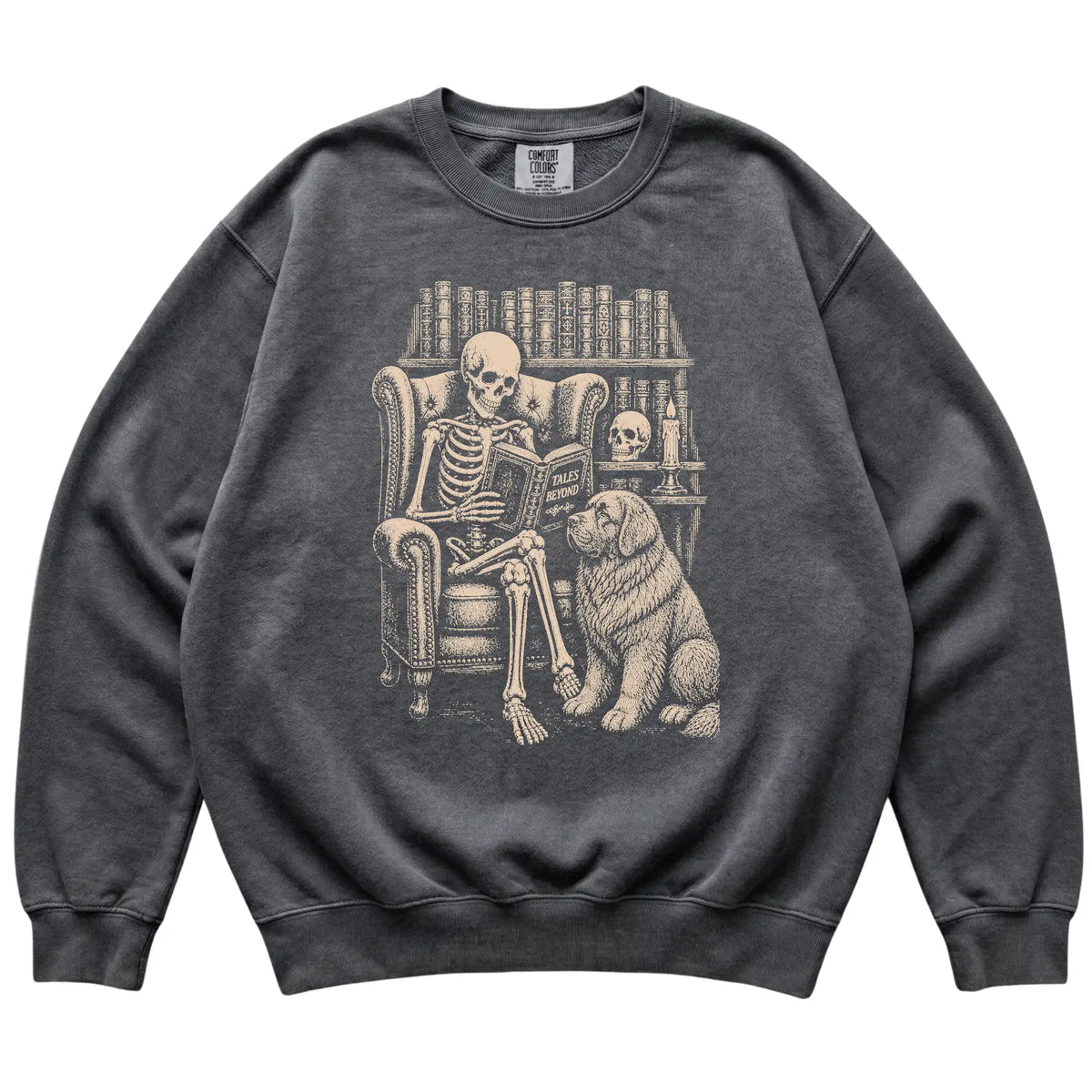 Skeleton reading Tales Beyond to a Newfie on a Pepper sweatshirt