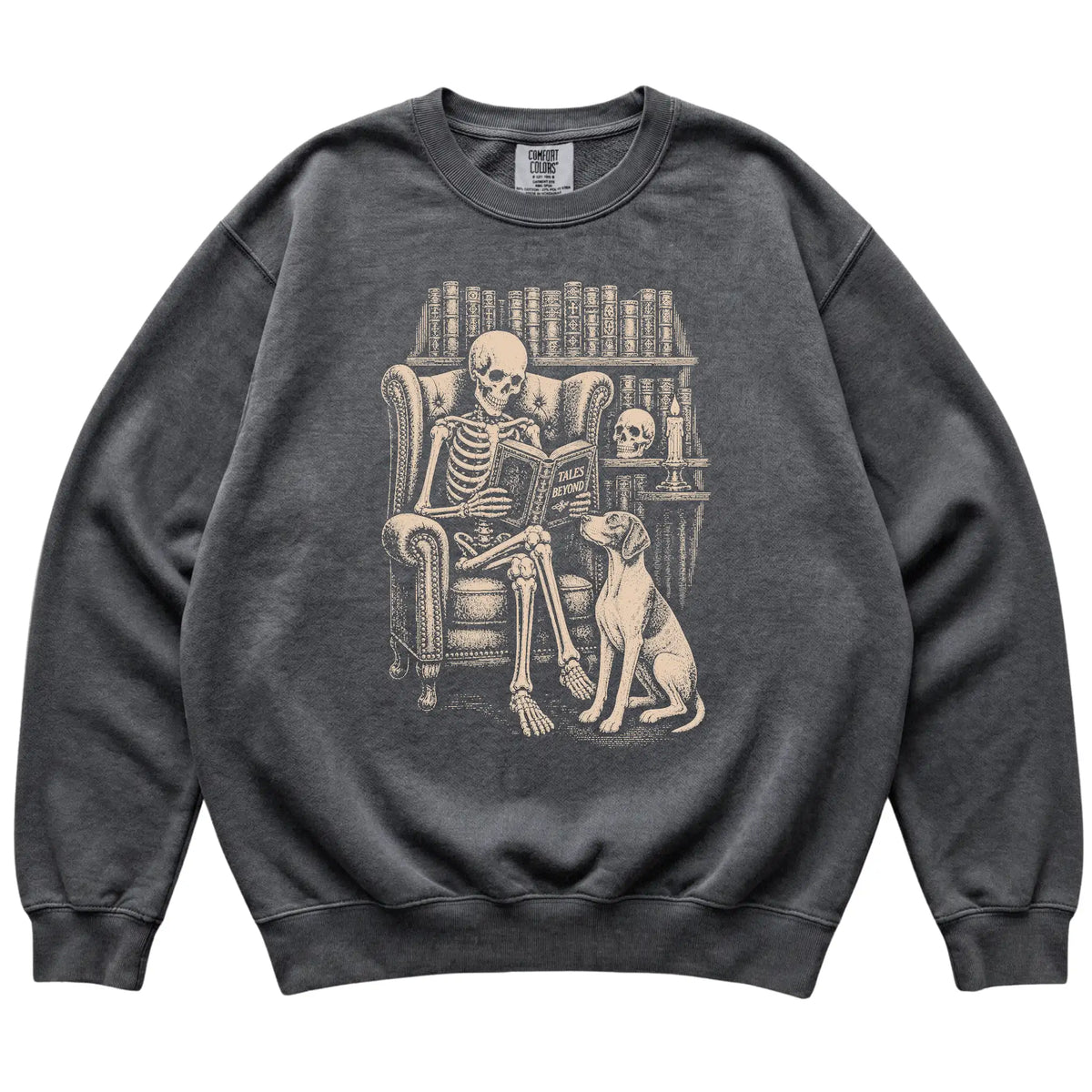 Skeleton reading Tales Beyond to a Pointer on a Pepper sweatshirt
