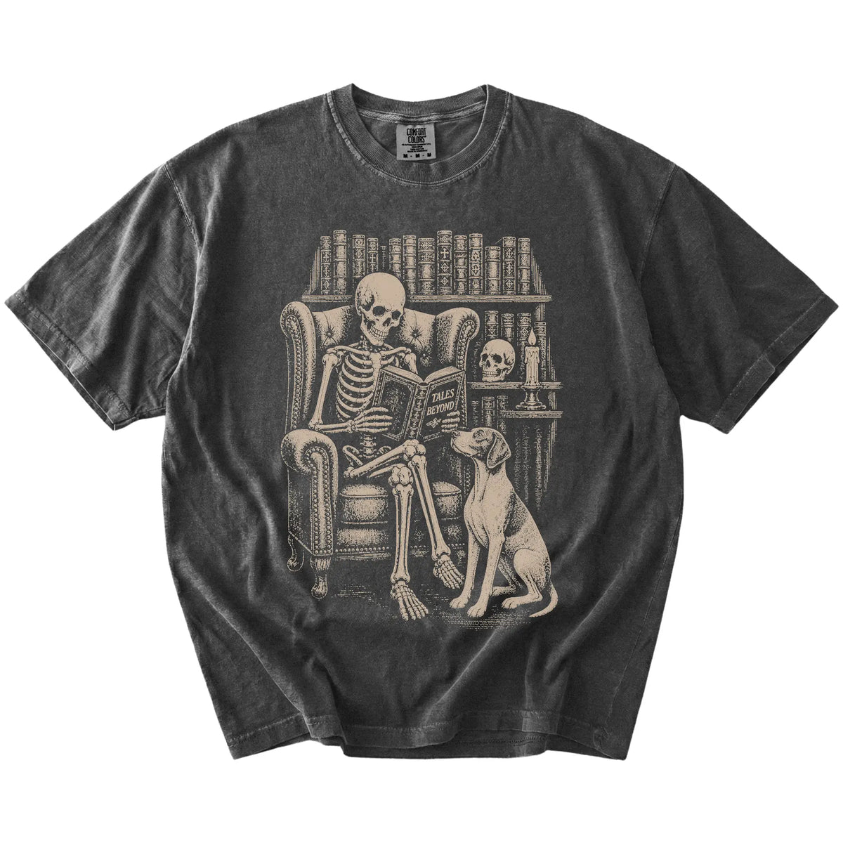 Skeleton reading in a library beside a Pointer on a Pepper Comfort Colors® T-shirt