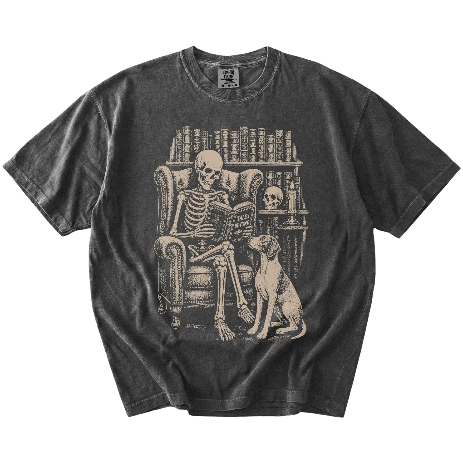 Skeleton reading in a library beside a Pointer on a Pepper Comfort Colors® T-shirt