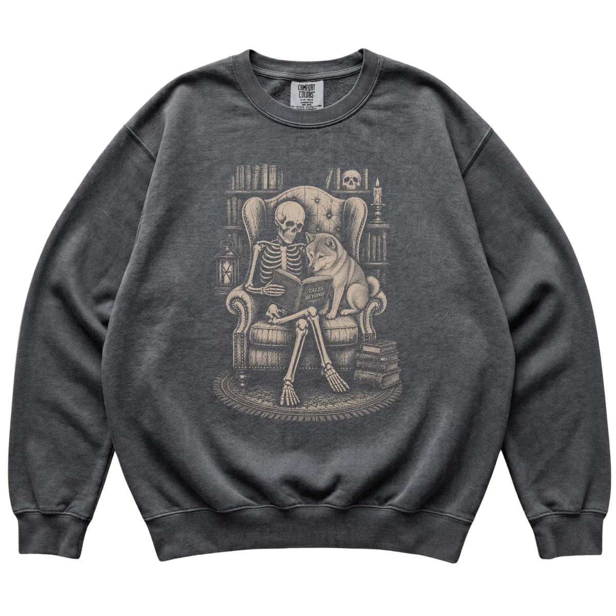 Skeleton reading Tales Beyond to a Shiba Inu on a Pepper sweatshirt