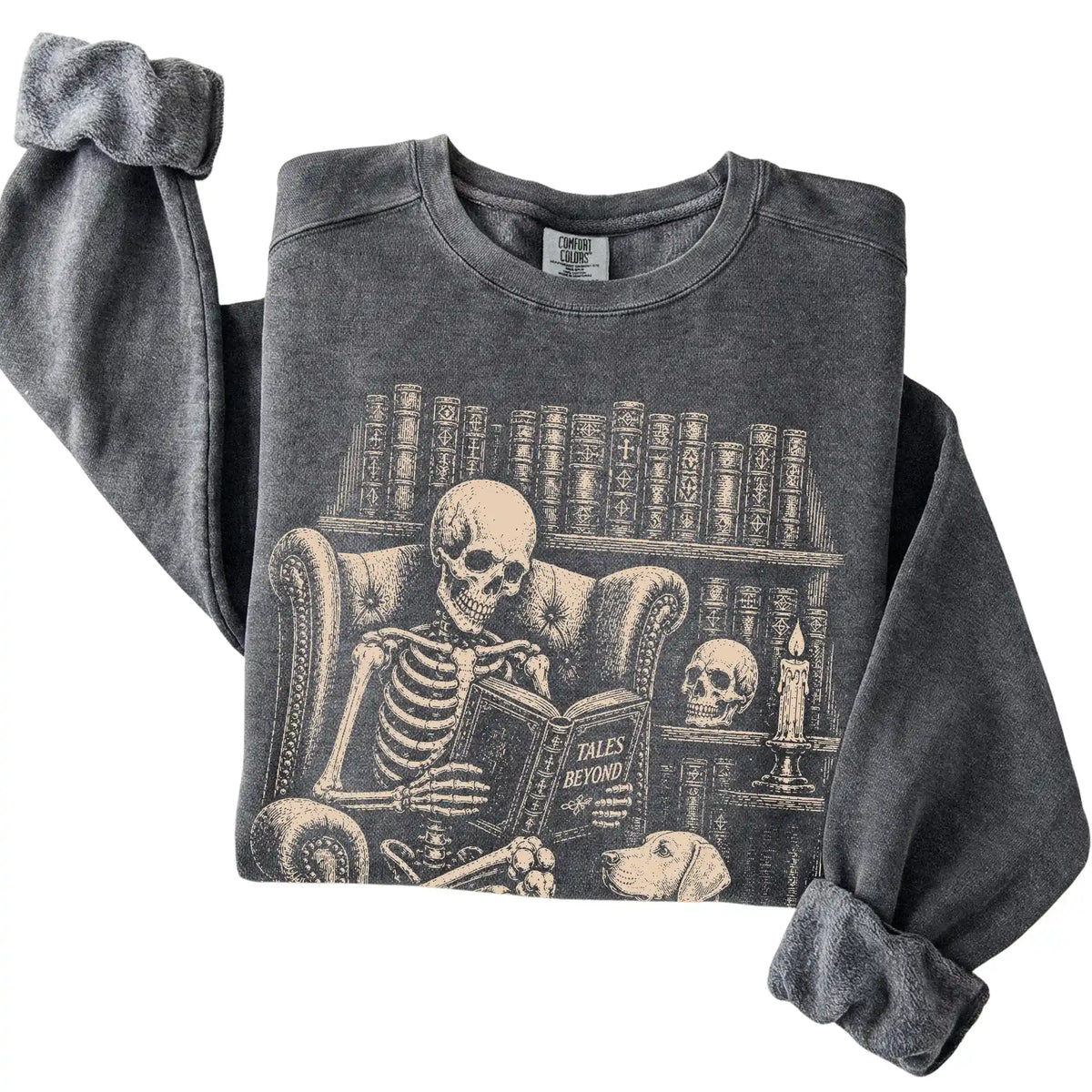 Folded Pepper sweatshirt with a skeleton reading Tales Beyond to a Vizsla