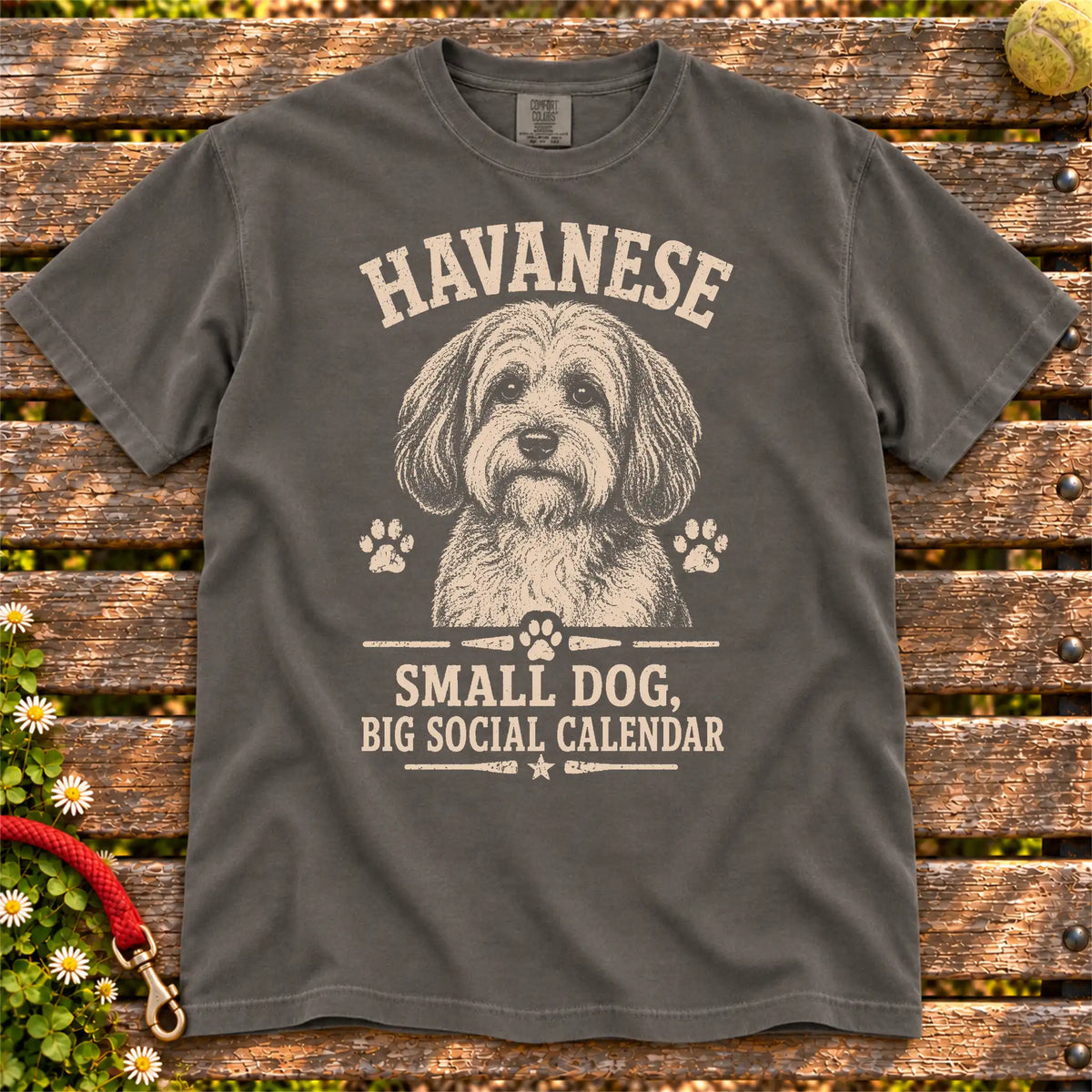 Havanese design with “Small Dog, Big Social Calendar” lettering on a Pepper Comfort Colors® T-shirt