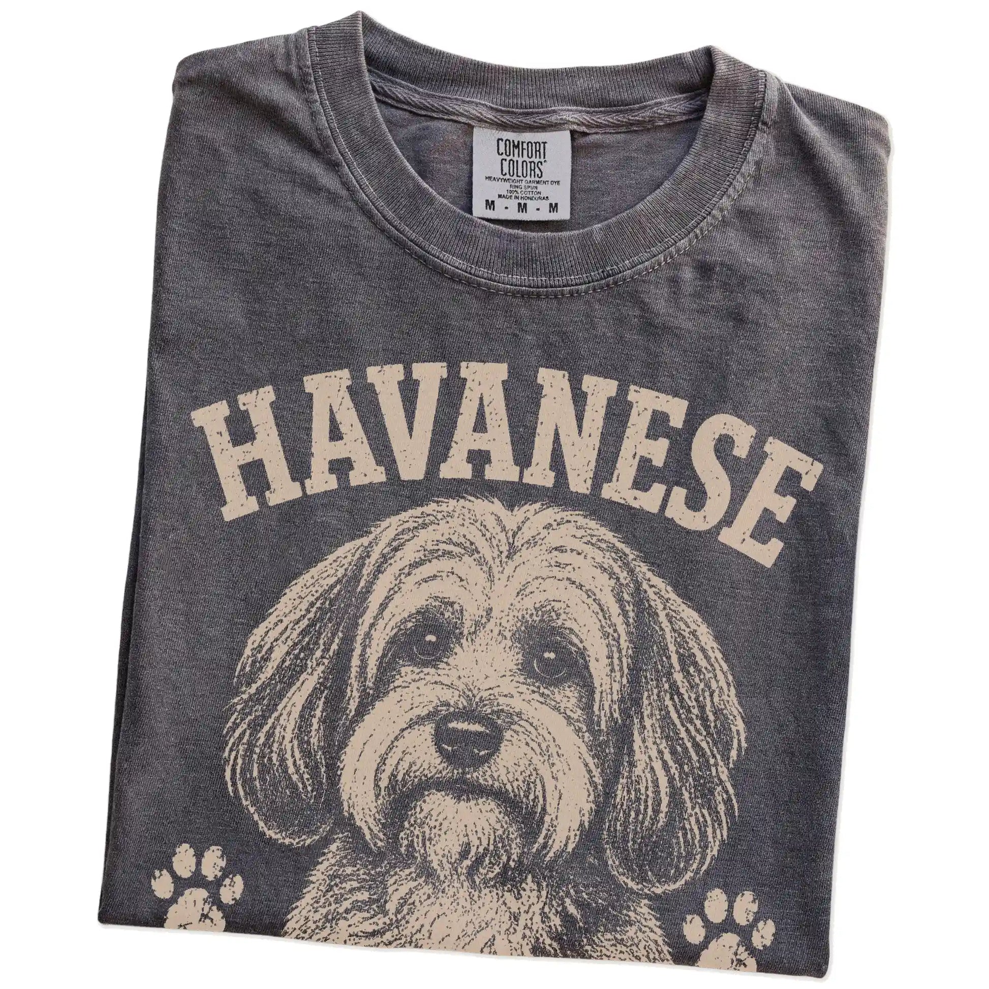 Folded Pepper Comfort Colors® T-shirt showing Havanese design with “Small Dog, Big Social Calendar” lettering
